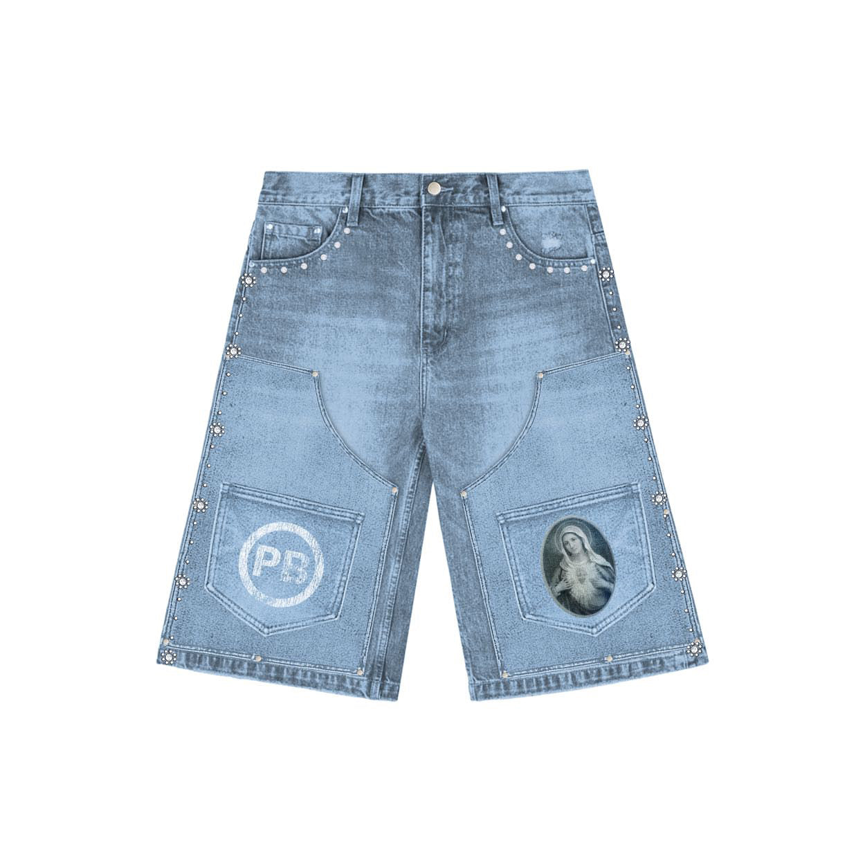 STUDDED WASHED BLUE DENIM SHORTS